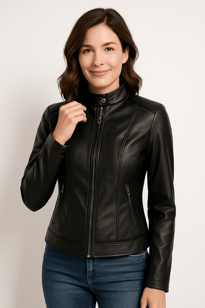 Veste en cuir femme – Coupe ajustée – Col droit – Manches longues – Poches zippées