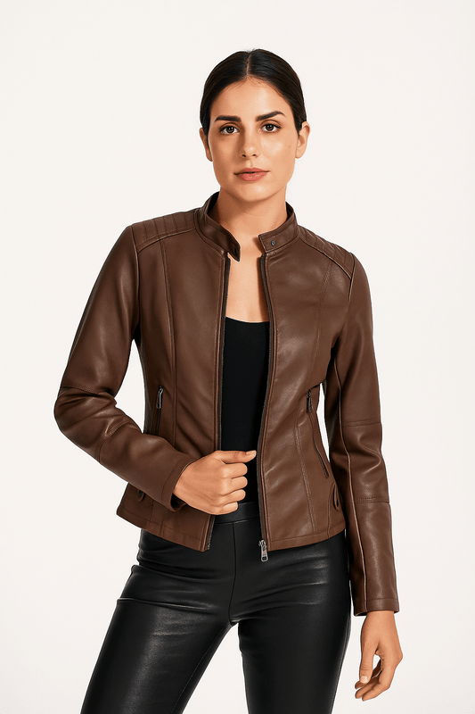 Veste en cuir femme – Coupe ajustée – Col droit – Manches longues – Poches zippées