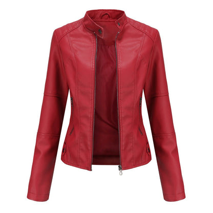 Veste en cuir femme – Coupe ajustée – Col droit – Manches longues – Poches zippées