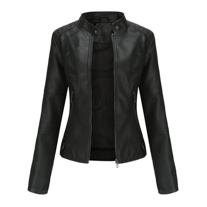 Veste en cuir femme – Coupe ajustée – Col droit – Manches longues – Poches zippées