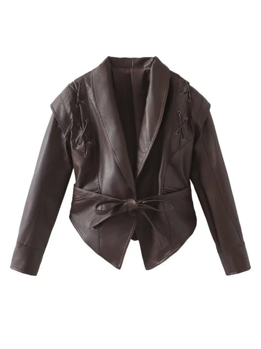 Veste en cuir femme – Coupe cintrée – Col châle – Ceinture taille – Épaules lacées
