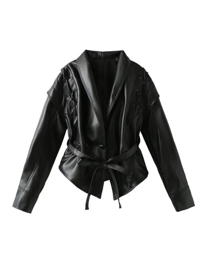 Veste en cuir femme – Coupe cintrée – Col châle – Ceinture taille – Épaules lacées
