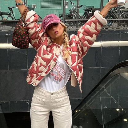 Veste matelassée femme – Coupe oversize – Motif floral – Fermeture à boutons