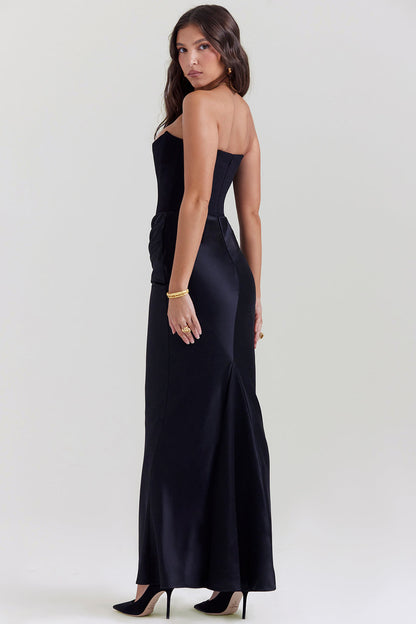 Robe Longue Femme – Satin Luxe – Bustier Structuré – Coupe Ajustée Élégante