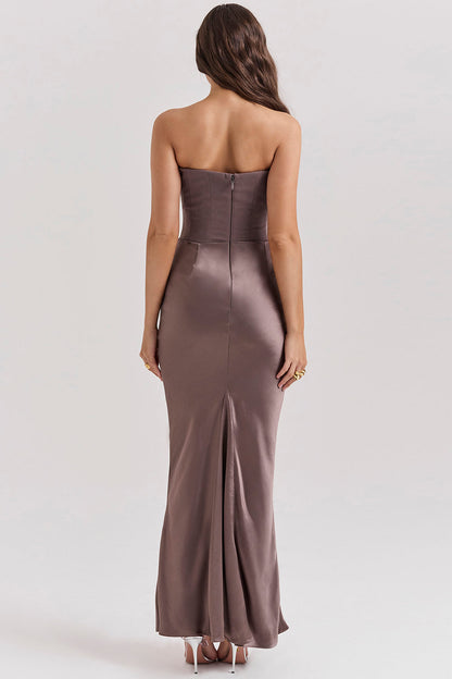 Robe Longue Femme – Satin Luxe – Bustier Structuré – Coupe Ajustée Élégante