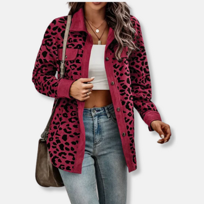 Femme Surchemise - Velours Côtelé - Coupe Décontractée - Col Pointu - Imprimé Léopard