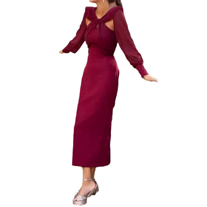 Robe Midi Femme – Coupe Ajustée Évasée – Manches Longues Voilées – Détail Noué Épaules
