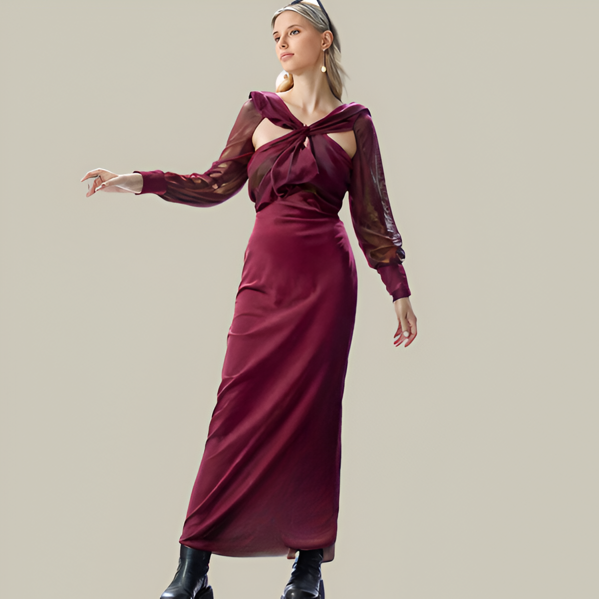 Robe Midi Femme – Coupe Ajustée Évasée – Manches Longues Voilées – Détail Noué Épaules