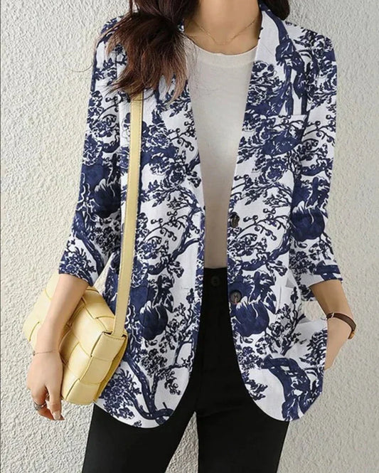 Blazer femme – Coupe cintrée – Motif fleuri – Coton léger – Manches 3/4