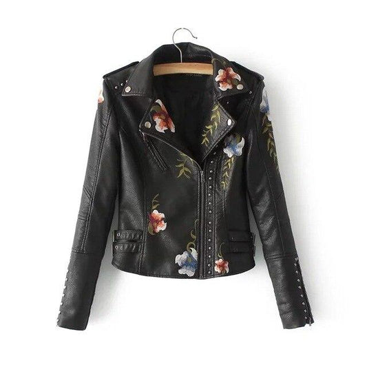 Veste en cuir femme – Coupe courte ajustée – Broderie florale – Détail clouté