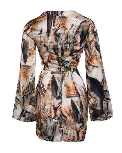 Robe Portefeuille Femme - Manches Longues - Encolure V - Coupe Ajustable - Imprimé Moderne