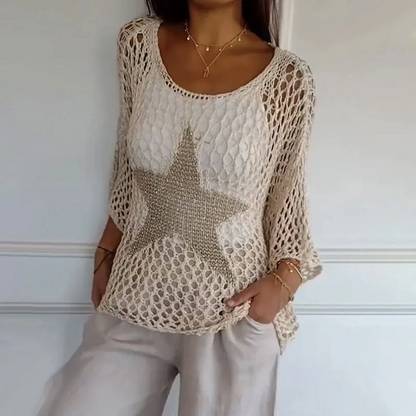 Top court femme – maille ajourée – coupe ample – manches 3/4 – col rond étoile