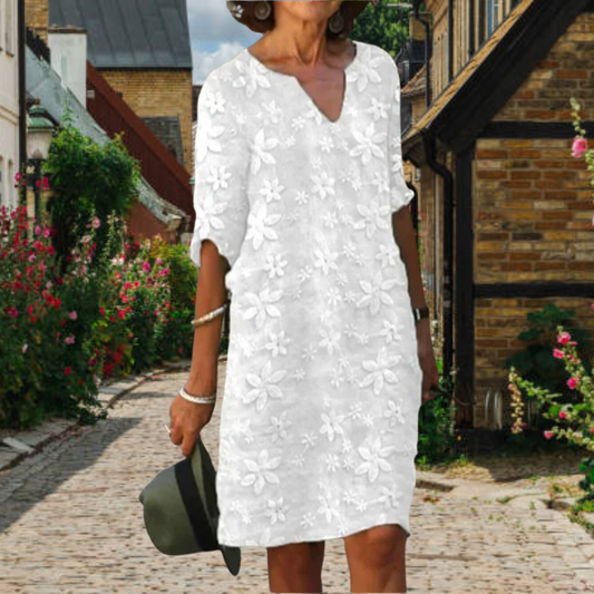 Robe femme – Coupe ample – Longueur genou – Col V – Broderie florale – Tissu respirant