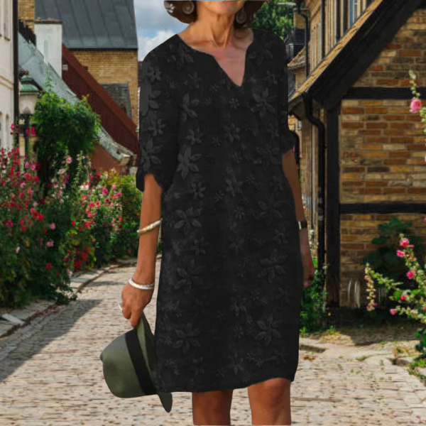 Robe femme – Coupe ample – Longueur genou – Col V – Broderie florale – Tissu respirant