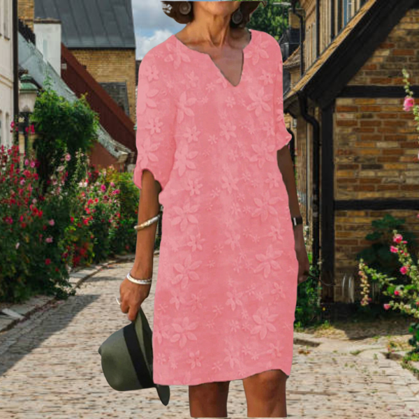 Robe femme – Coupe ample – Longueur genou – Col V – Broderie florale – Tissu respirant