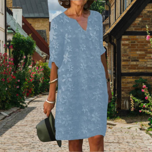 Robe femme – Coupe ample – Longueur genou – Col V – Broderie florale – Tissu respirant