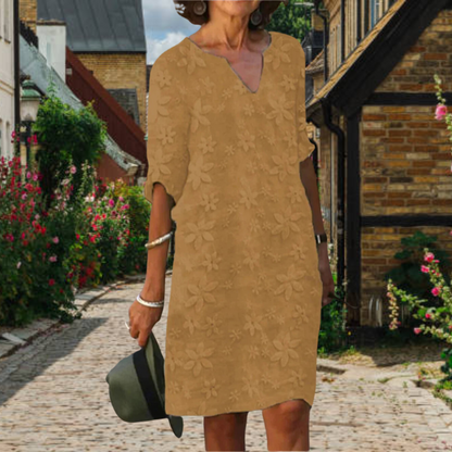 Robe femme – Coupe ample – Longueur genou – Col V – Broderie florale – Tissu respirant