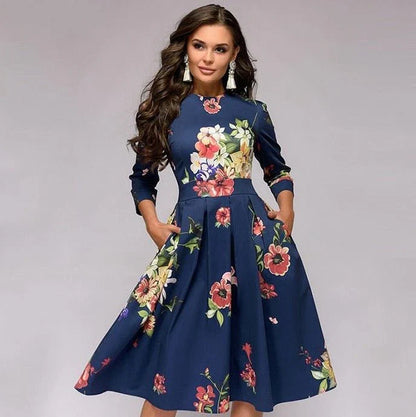 Robe Midi Femme - Coupe Évasée - Manches 3/4 - Col Rond - Motif Fleuri Élégant