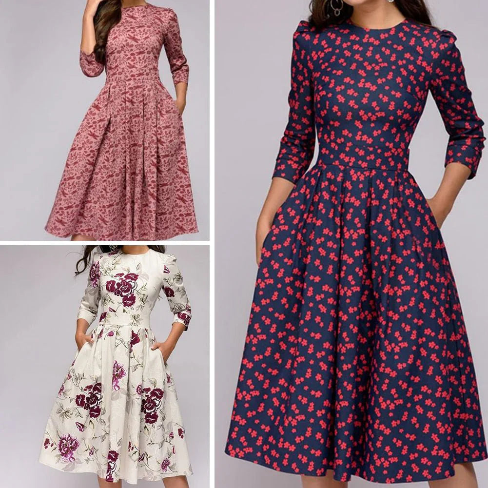 Robe Midi Femme - Coupe Évasée - Manches 3/4 - Col Rond - Motif Fleuri Élégant