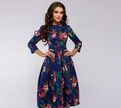 Robe Midi Femme - Coupe Évasée - Manches 3/4 - Col Rond - Motif Fleuri Élégant