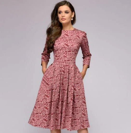 Robe Midi Femme - Coupe Évasée - Manches 3/4 - Col Rond - Motif Fleuri Élégant