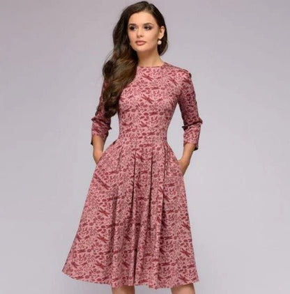 Robe Midi Femme - Coupe Évasée - Manches 3/4 - Col Rond - Motif Fleuri Élégant