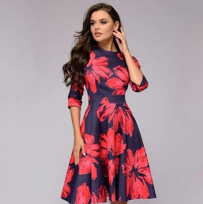 Robe Midi Femme - Coupe Évasée - Manches 3/4 - Col Rond - Motif Fleuri Élégant