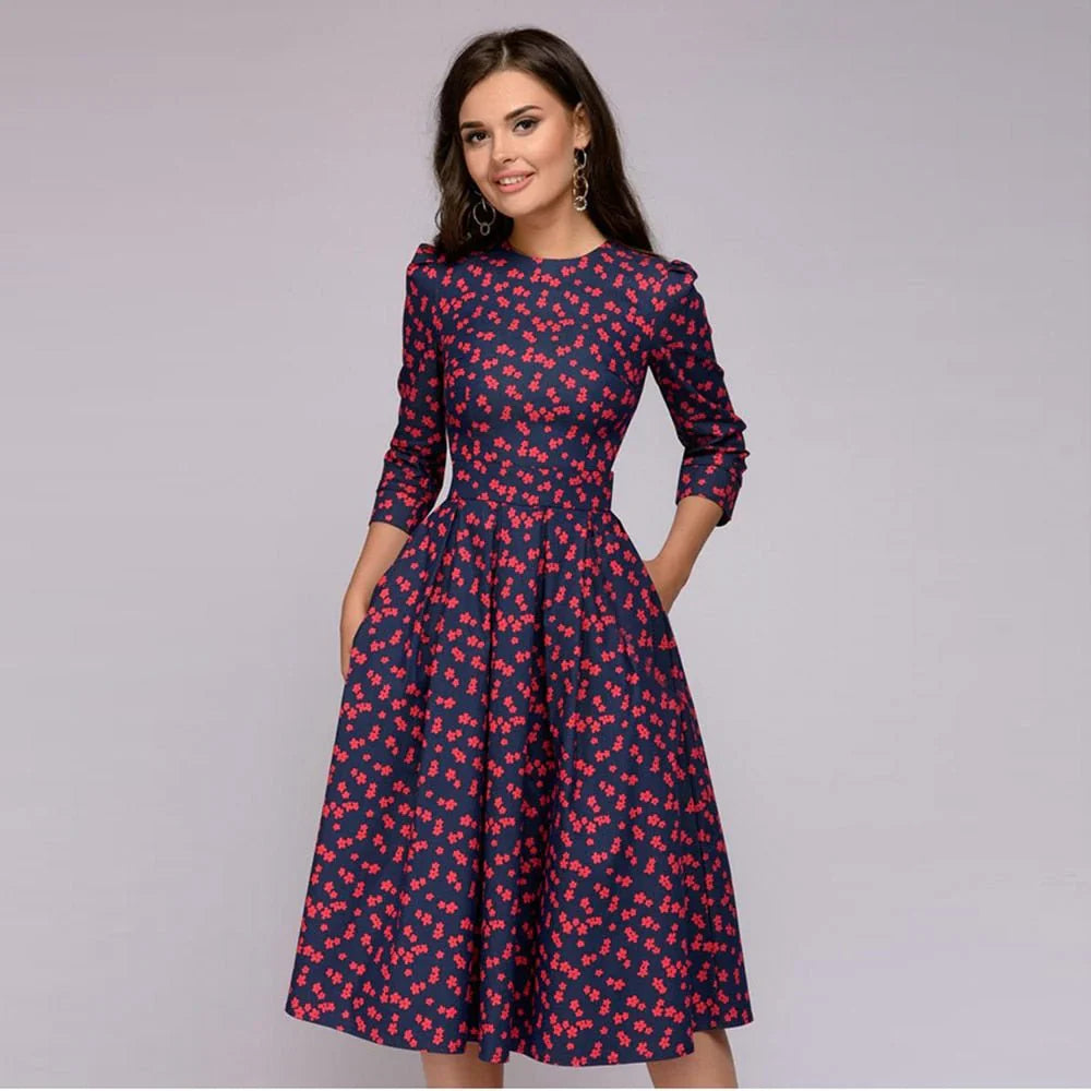 Robe Midi Femme - Coupe Évasée - Manches 3/4 - Col Rond - Motif Fleuri Élégant