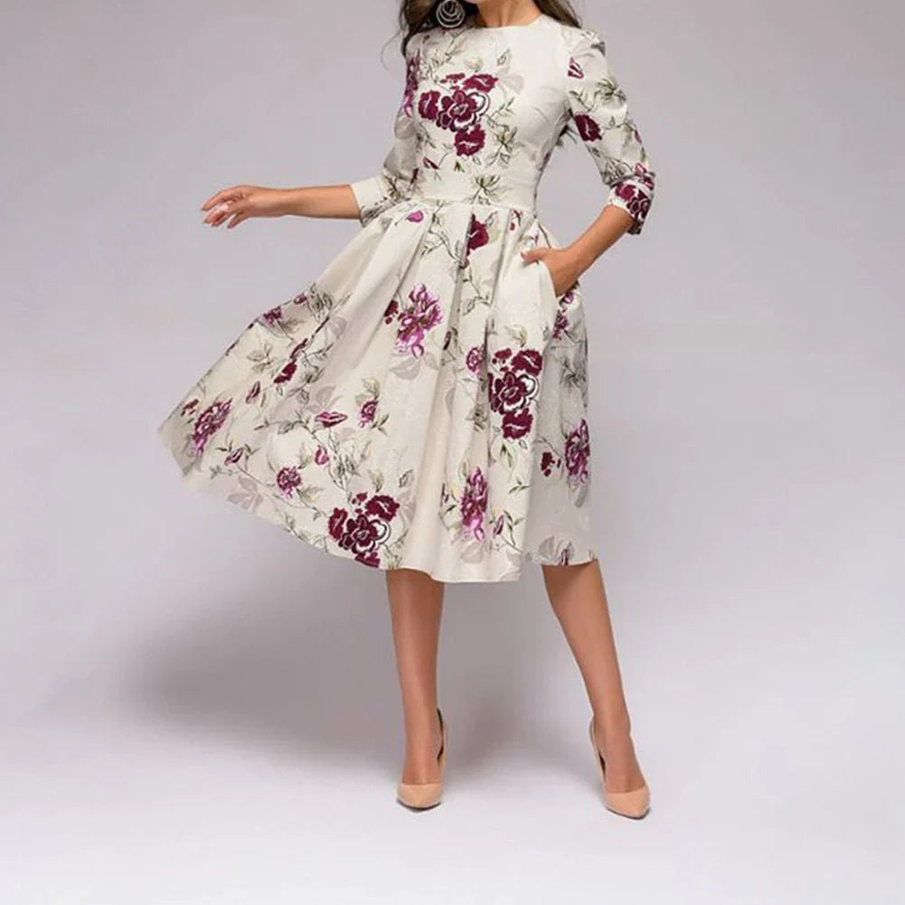 Robe Midi Femme - Coupe Évasée - Manches 3/4 - Col Rond - Motif Fleuri Élégant