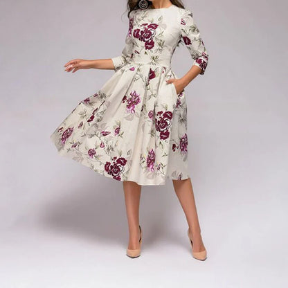 Robe Midi Femme - Coupe Évasée - Manches 3/4 - Col Rond - Motif Fleuri Élégant