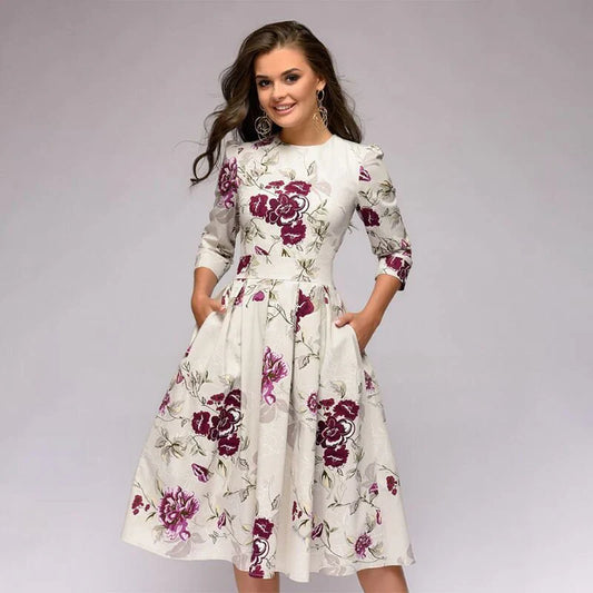 Robe Midi Femme - Coupe Évasée - Manches 3/4 - Col Rond - Motif Fleuri Élégant