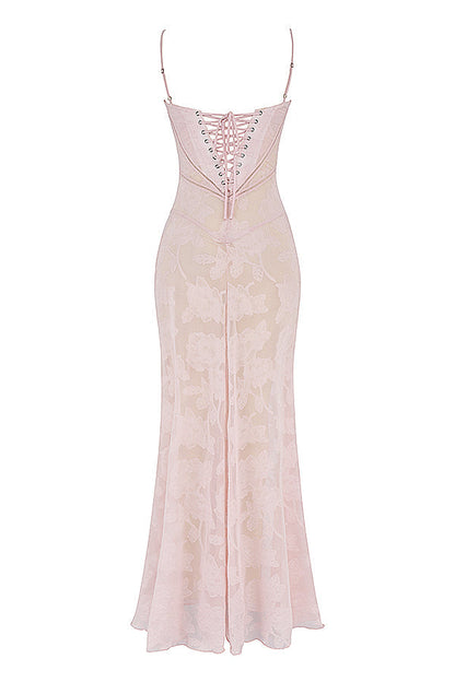 Robe Maxi Femme – Dentelle Brodée – Décolleté Cœur – Bretelles Fines Élégantes