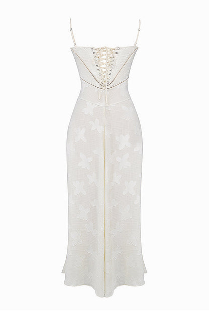 Robe Maxi Femme – Dentelle Brodée – Décolleté Cœur – Bretelles Fines Élégantes