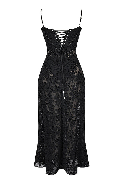 Robe Maxi Femme – Dentelle Brodée – Décolleté Cœur – Bretelles Fines Élégantes