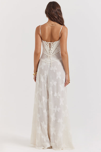 Robe Maxi Femme – Dentelle Brodée – Décolleté Cœur – Bretelles Fines Élégantes