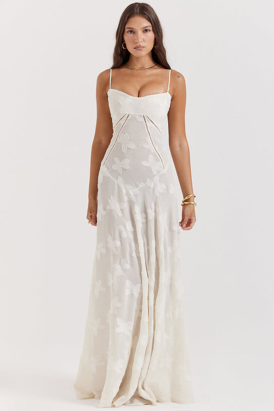 Robe Maxi Femme – Dentelle Brodée – Décolleté Cœur – Bretelles Fines Élégantes
