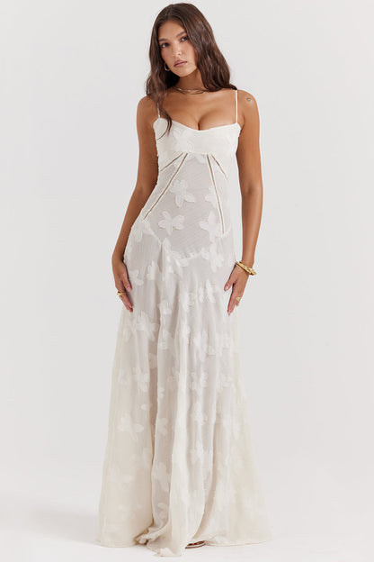 Robe Maxi Femme – Dentelle Brodée – Décolleté Cœur – Bretelles Fines Élégantes