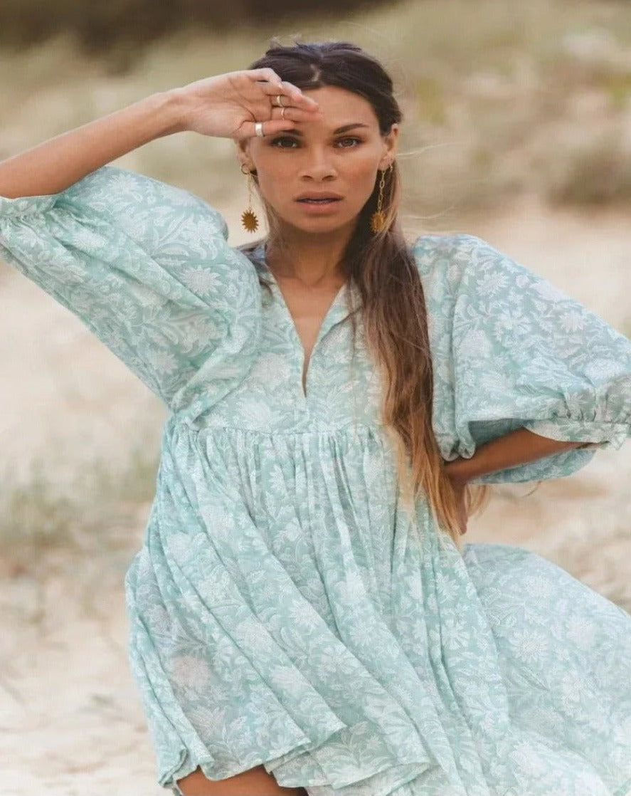 Robe Longue Femme - Fluide et Légère - Manches Bouffantes - Imprimé Fleuri Boho