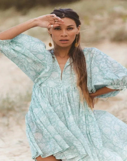 Robe Longue Femme - Fluide et Légère - Manches Bouffantes - Imprimé Fleuri Boho