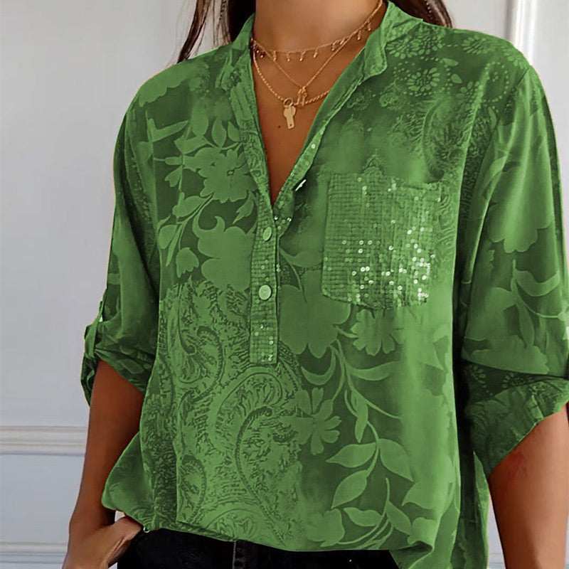 Blouse femme manches longues – Coupe ample – Tissu respirant – Motif jacquard élégant