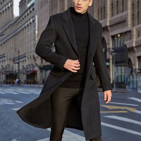 Manteau homme long – Coupe ajustée – Tissu luxueux – Revers crantés – Élégant