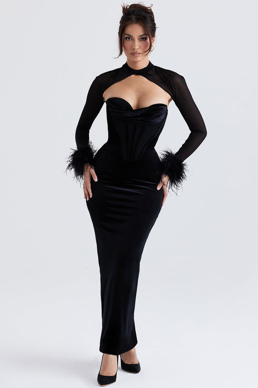 Robe longue femme – Velours luxe – Coupe moulante – Corset – Manches transparentes plumes
