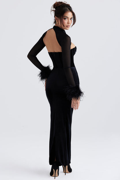 Robe longue femme – Velours luxe – Coupe moulante – Corset – Manches transparentes plumes
