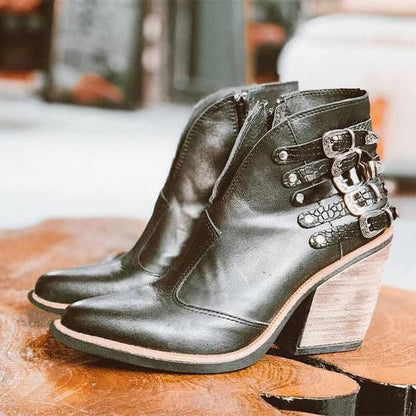 Bottines Femme - Talon Bloc Confort - Cuir Lisse et Texturé - Boucles et Clous Tendance