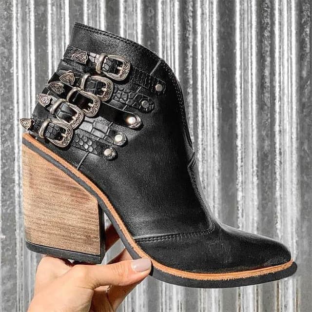 Bottines Femme - Talon Bloc Confort - Cuir Lisse et Texturé - Boucles et Clous Tendance