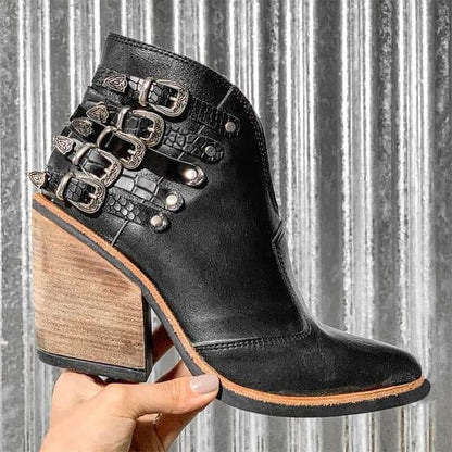 Bottines Femme - Talon Bloc Confort - Cuir Lisse et Texturé - Boucles et Clous Tendance