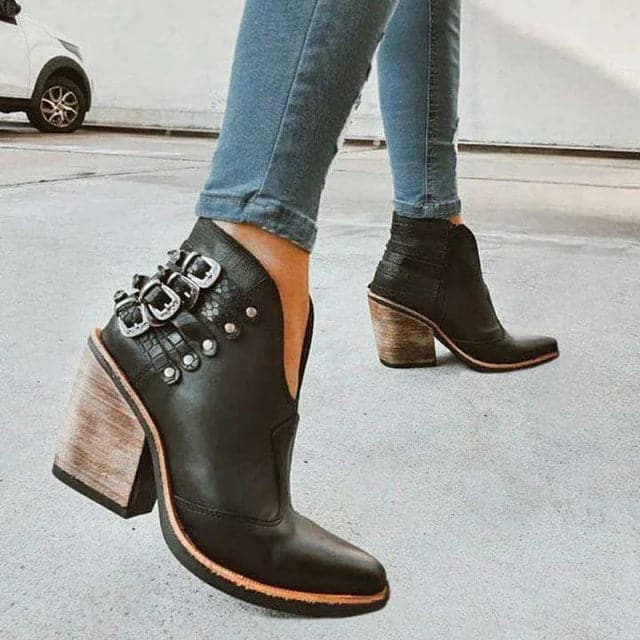Bottines Femme - Talon Bloc Confort - Cuir Lisse et Texturé - Boucles et Clous Tendance