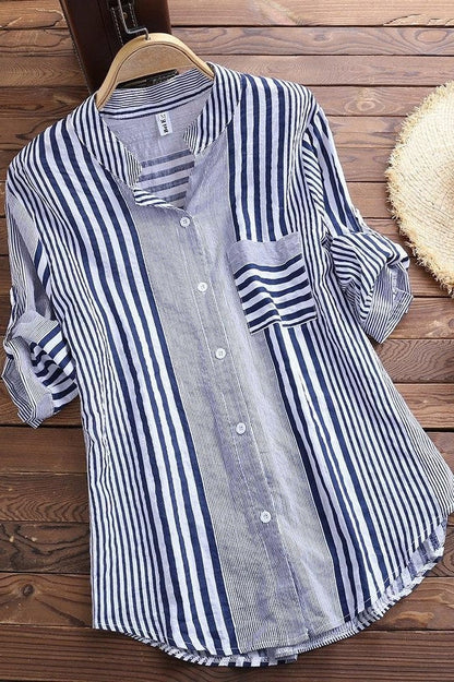 Blouse femme – Coupe ample – Rayée – Col montant – Manches 3/4 – Tissu respirant