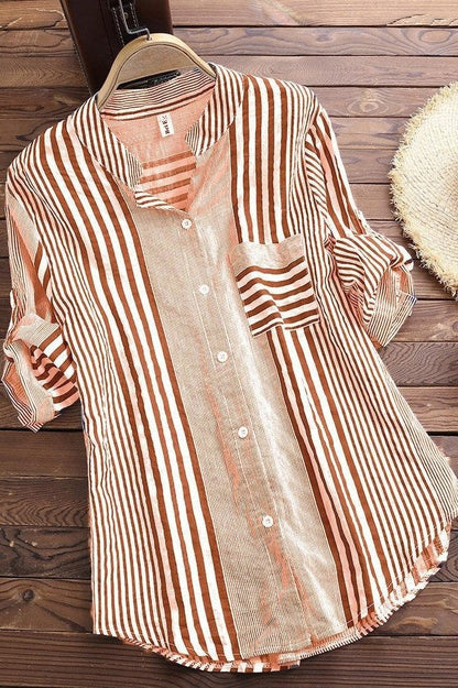 Blouse femme – Coupe ample – Rayée – Col montant – Manches 3/4 – Tissu respirant