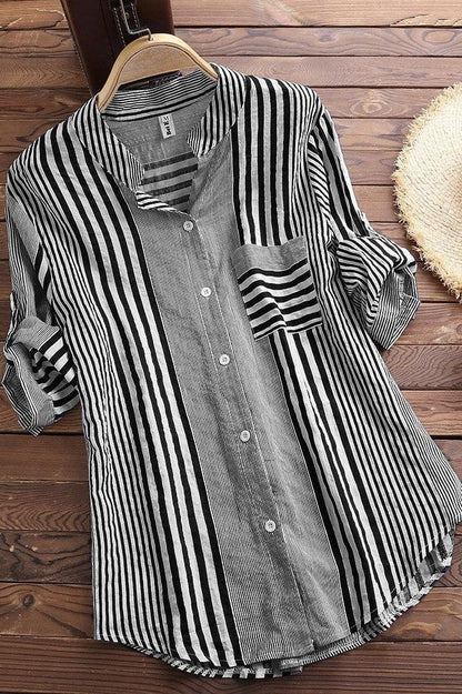 Blouse femme – Coupe ample – Rayée – Col montant – Manches 3/4 – Tissu respirant
